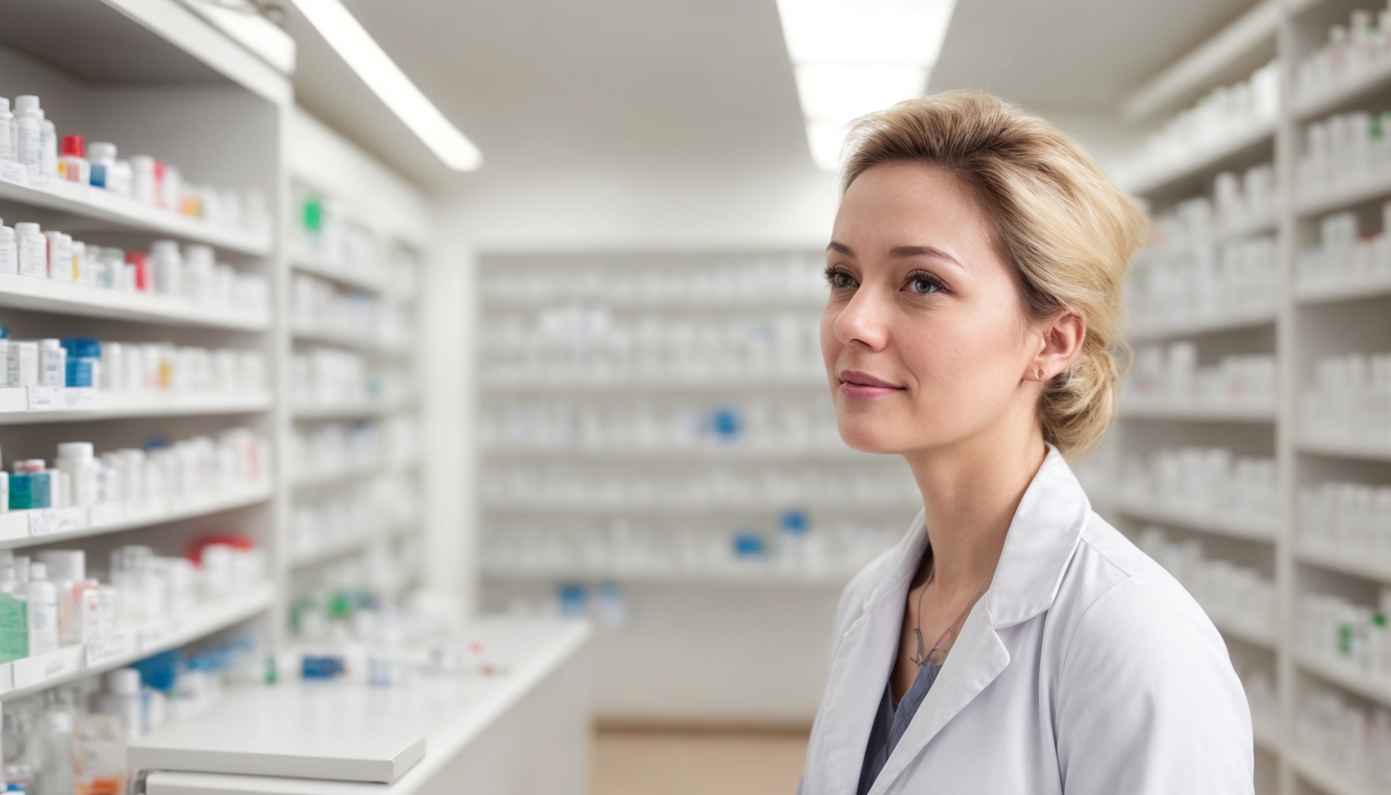 Apoteker profesional memeriksa informasi obat-obatan medis terbaru di apotek modern