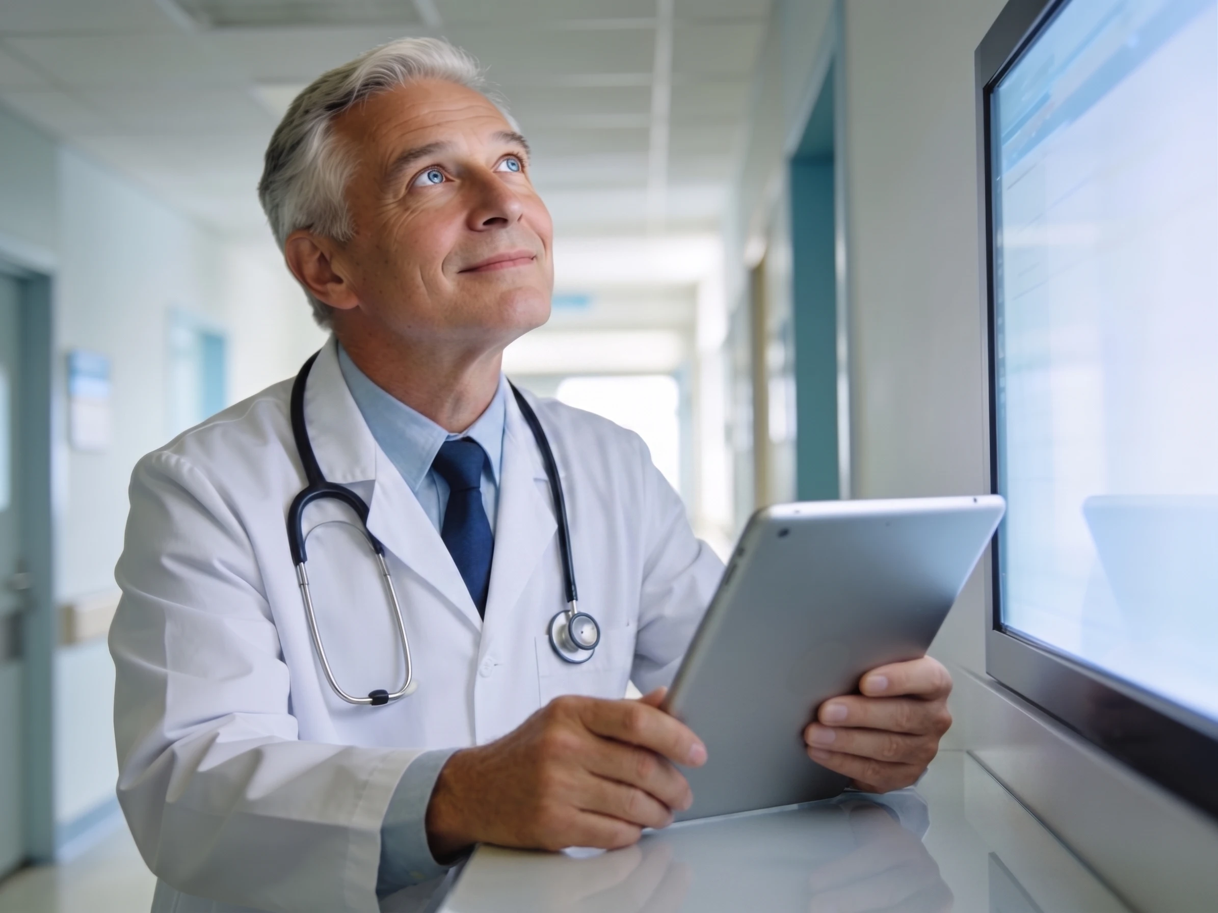 Dokter senior menganalisis data tablet di klinik modern
