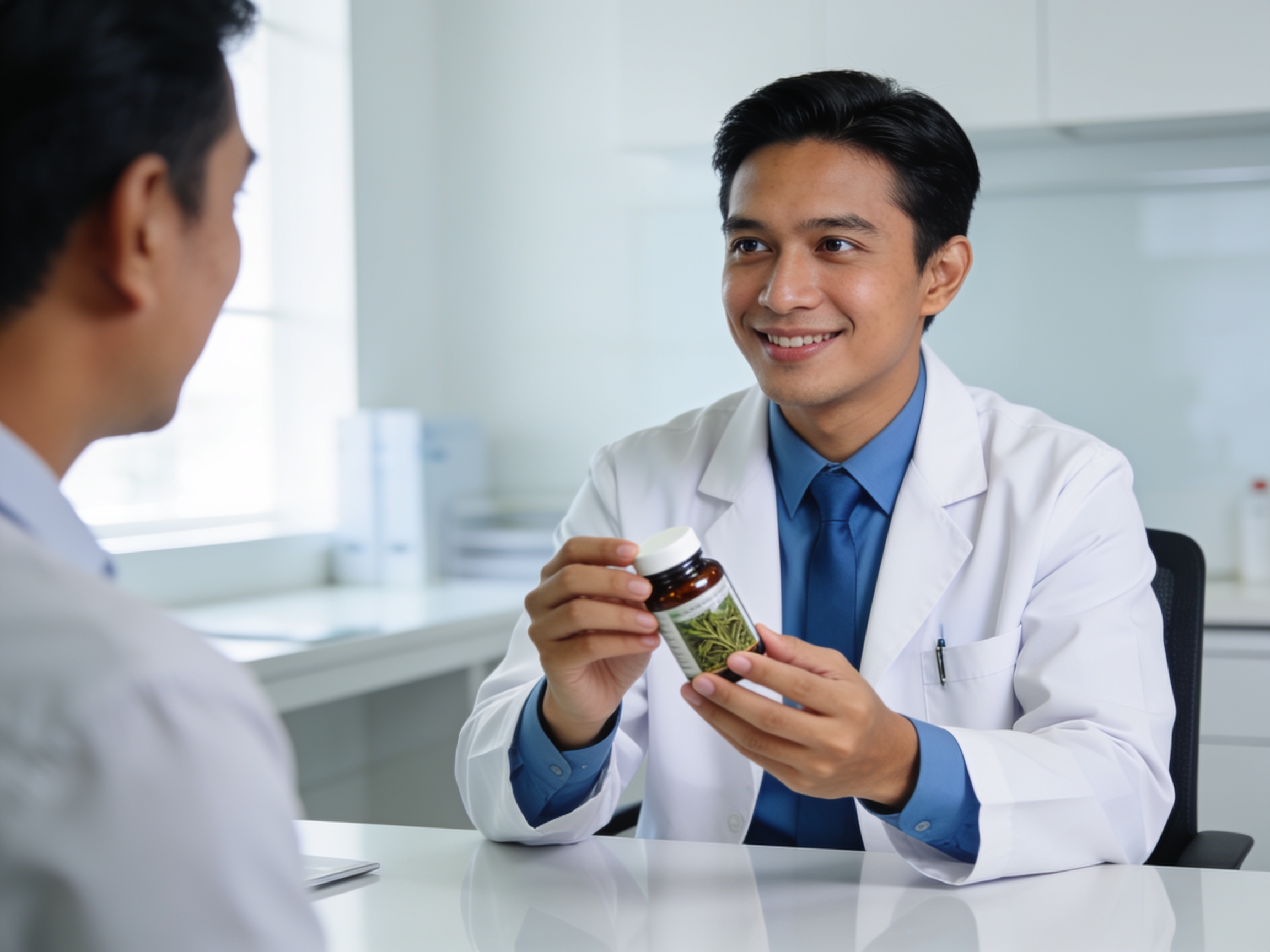 Dokter memeriksa botol suplemen herbal untuk mencegah risiko interaksi obat dan herbal pada pasien.