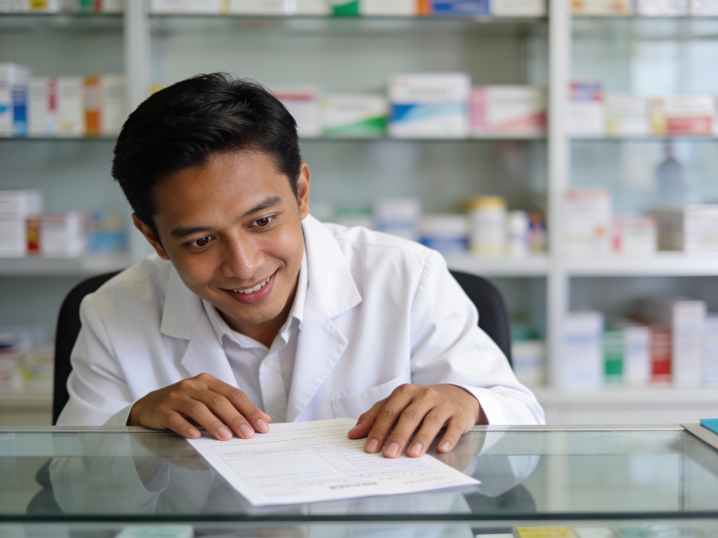 Apoteker profesional memeriksa resep untuk memastikan penggunaan obat resep dokter yang aman bagi pasien.